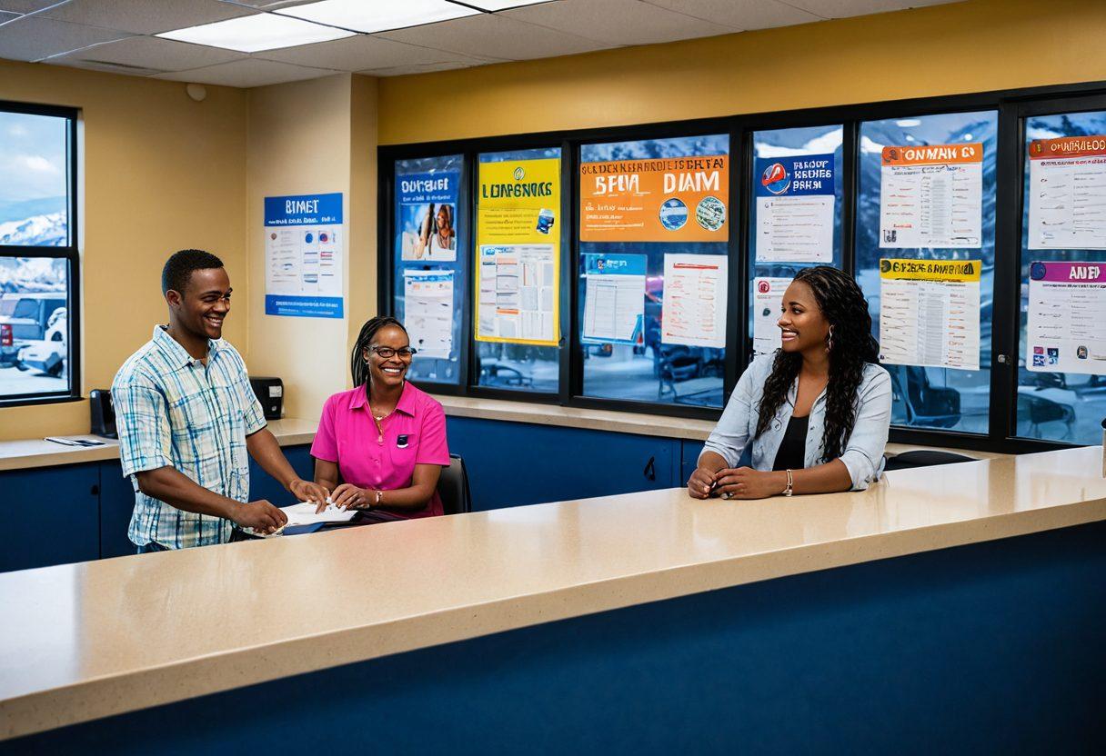 A friendly and helpful DMV representative standing behind a counter, assisting a diverse group of people with paperwork. Brightly lit DMV interior showcasing helpful signage, colorful posters about affordable licensing tips, and cheerful faces of customers. Add a subtle mountain view through the window representing Colorado. super-realistic. vibrant colors. 3D.
