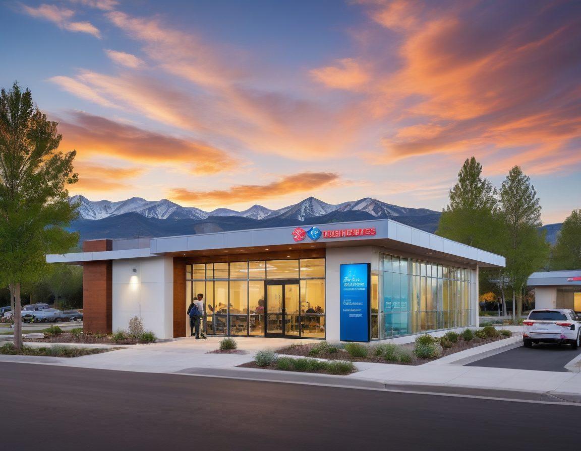 A scenic view of the Colorado mountains with a modern DMV building in the foreground, featuring an illuminated digital sign displaying appointment availability. Incorporate diverse people using mobile devices to schedule appointments and filling forms, conveying convenience and accessibility. Bright blue skies and vibrant greenery should enhance the atmosphere of a friendly and efficient service environment. super-realistic. vibrant colors. white background.