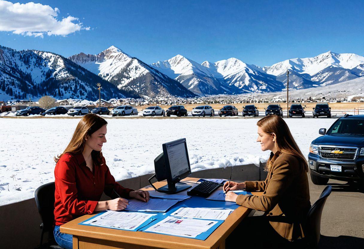 A serene Colorado landscape featuring a well-organized DMV office with a friendly employee assisting a diverse family, surrounded by images of vehicles and registration forms. Snow-capped mountains in the background and bright blue skies depict the beauty of Colorado. The scene conveys a sense of ease and helpfulness in navigating the DMV process. super-realistic. vibrant colors.